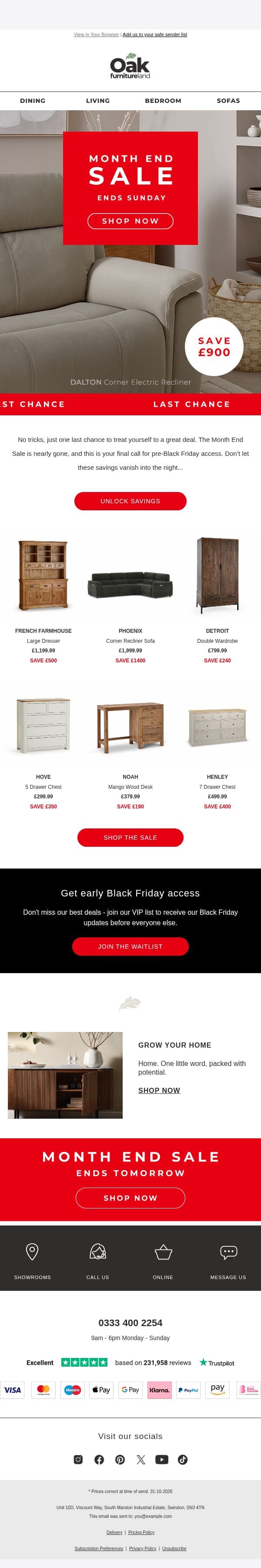⏰ LAST CALL | Save up to £1,400 email from Oak Furniture Land screenshot