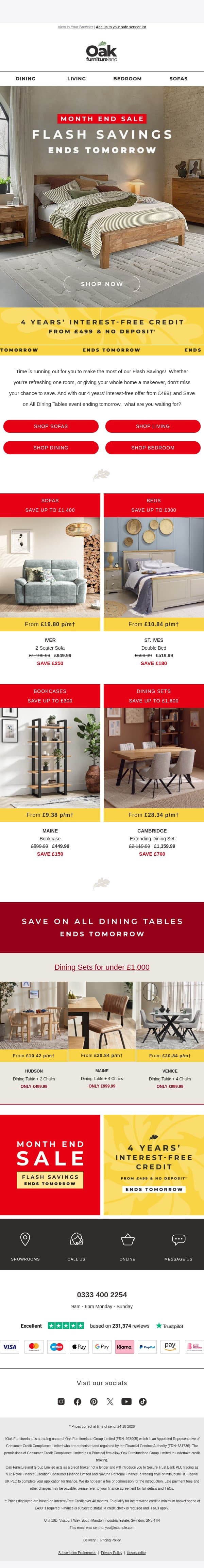 FLASH SAVINGS ⚡End tomorrow email from Oak Furniture Land screenshot