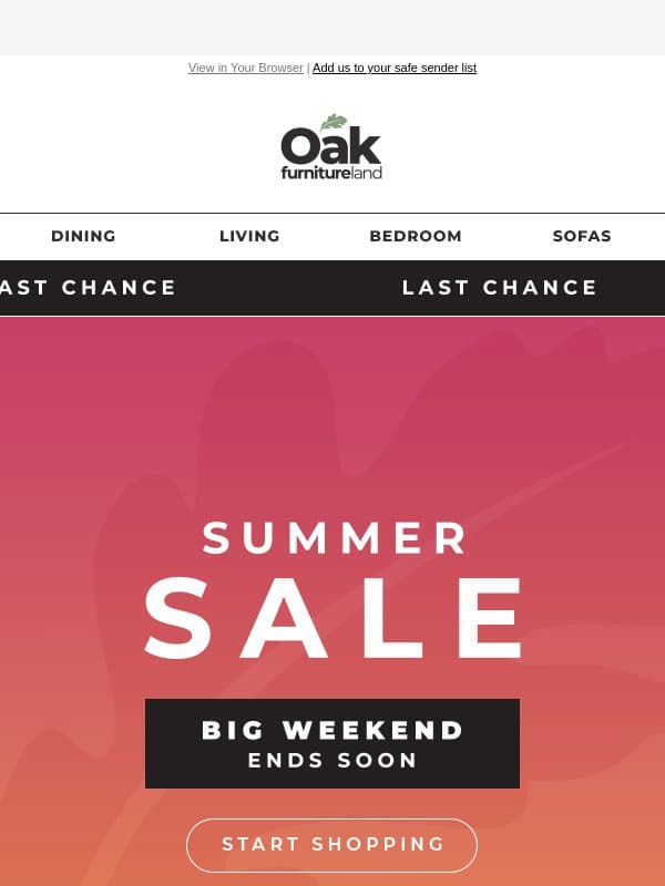 Ends Soon: Big Weekend Summer Sale! email from Oak Furniture Land