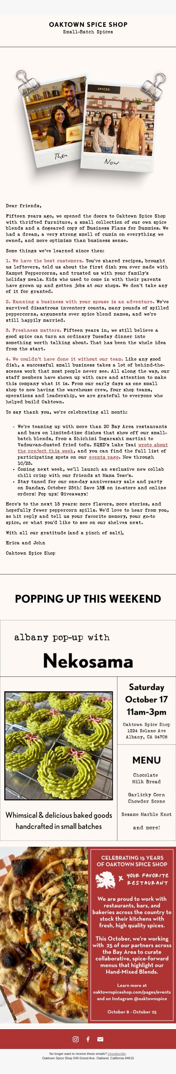 15 years of Oaktown Spice Shop email from Oaktown Spice Shop screenshot
