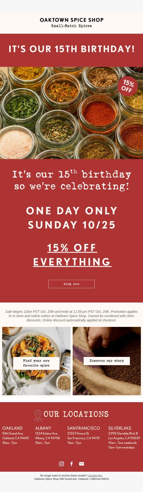 π 15% off for our 15th Birthday! π email from Oaktown Spice Shop screenshot
