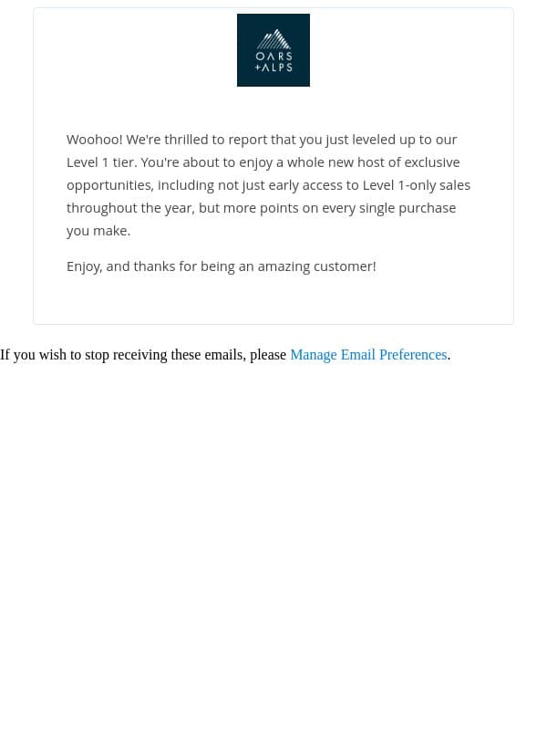 Congratulations! You just reached our next tier! email from Oars + Alps screenshot