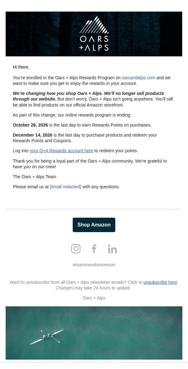 Claim Your O+A Rewards! email from Oars + Alps screenshot
