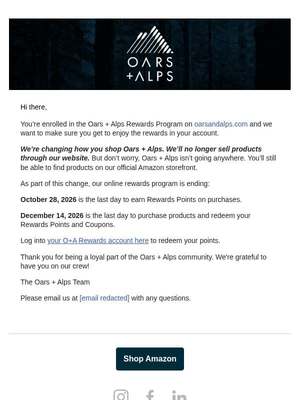 Claim Your O+A Rewards! email from Oars + Alps