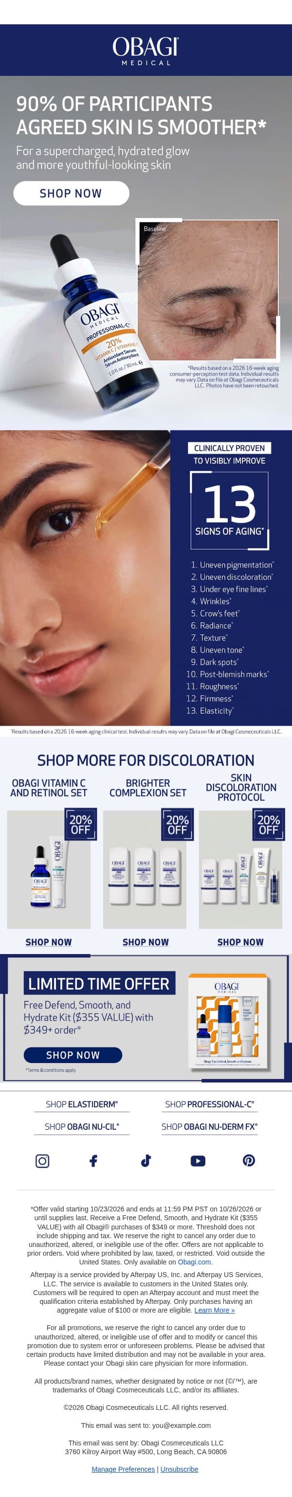 Our Bestselling Serum Addresses 13 Visible Signs Of Aging With Clinically Proven Results* Within 8 Weeks email from Obagi screenshot