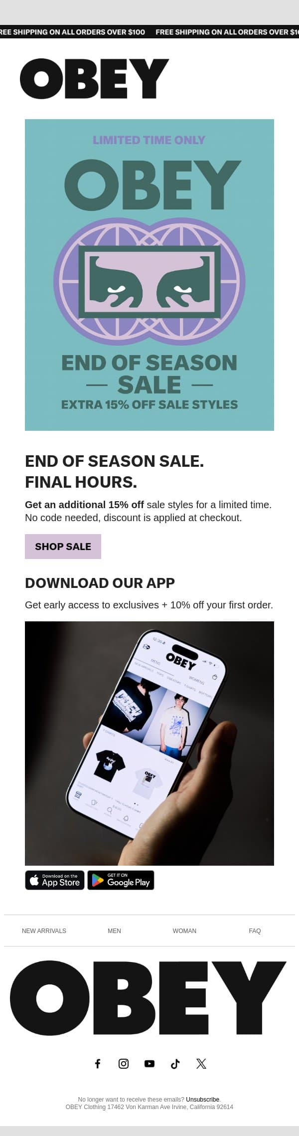 Final hours: The sale ends tonight email from OBEY Clothing screenshot