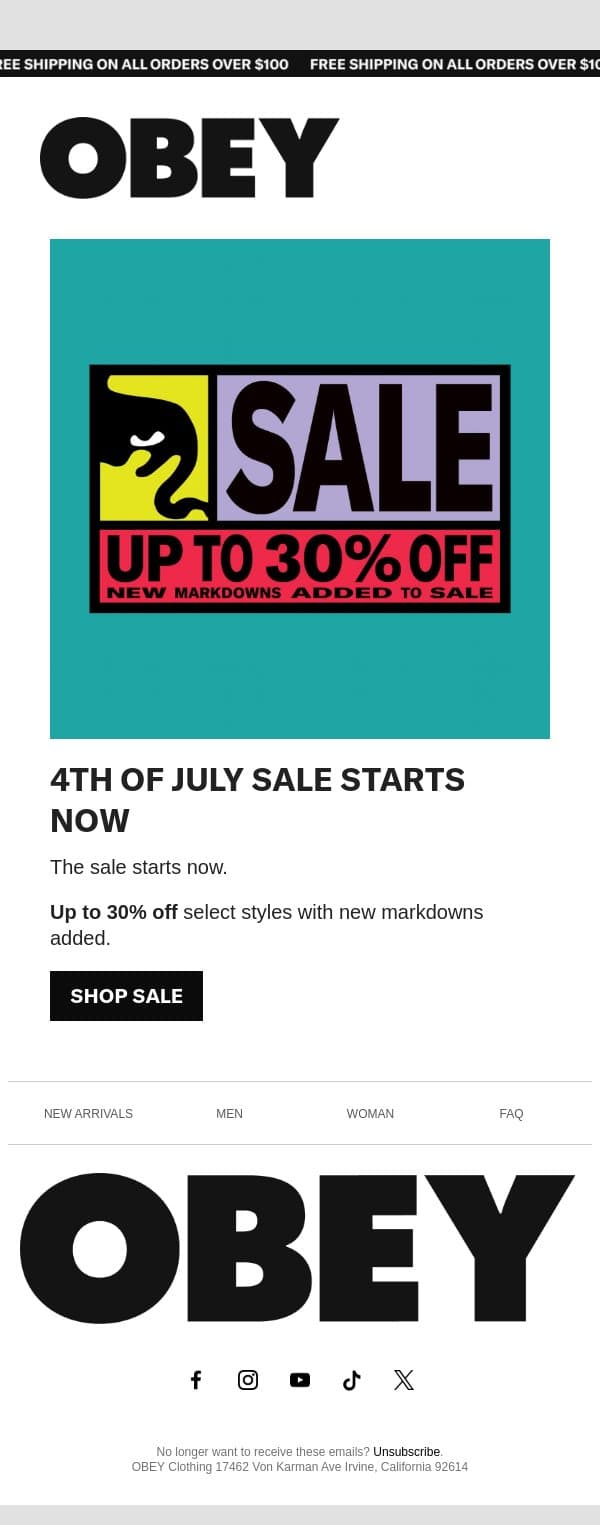 4TH OF JULY SALE: Early Access email from OBEY Clothing screenshot