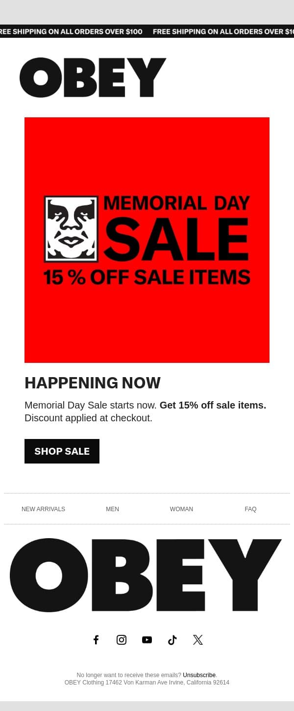 Memorial Day Sale email from OBEY Clothing screenshot