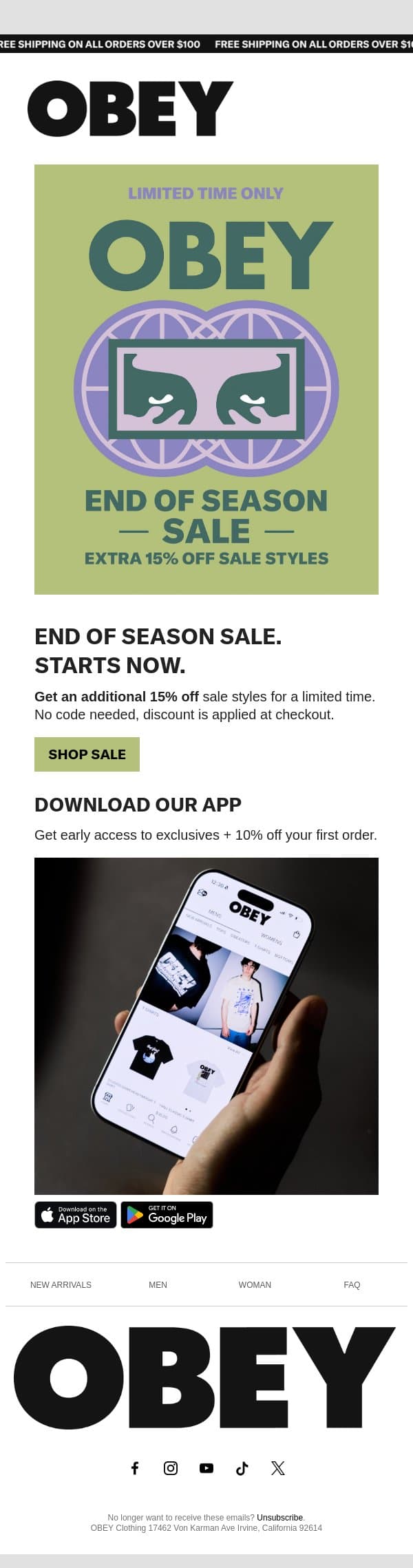 End of Season Sale Now Live! email from OBEY Clothing screenshot