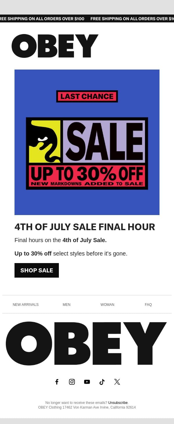 LAST CHANCE: 4TH OF JULY SALE! email from OBEY Clothing screenshot