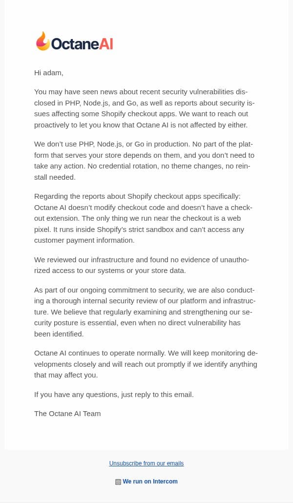 A note on recent security disclosures email from Octane AI screenshot