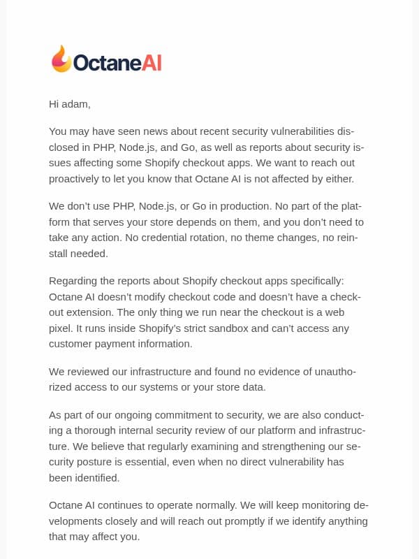 A note on recent security disclosures email from Octane AI