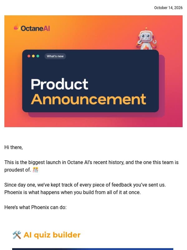 BIG UPDATE: Meet Phoenix, our new AI quiz builder🔥 email from Octane AI