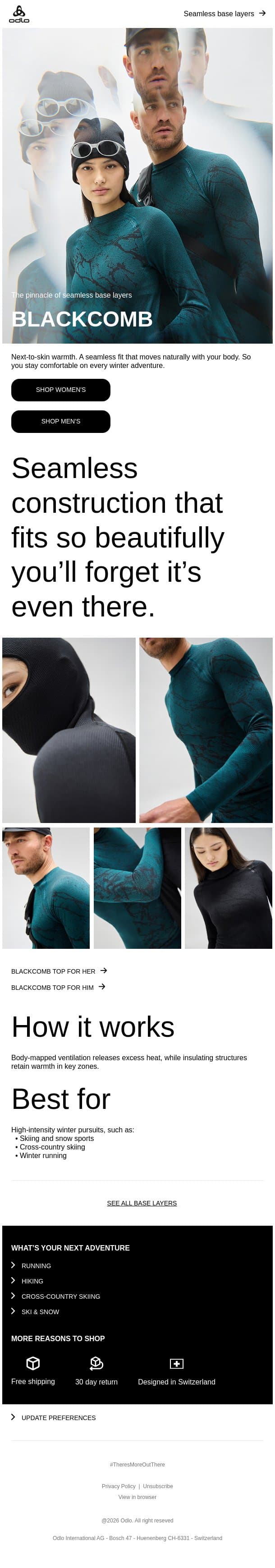 Explore Blackcomb, our most advanced seamless base layer. email from Odlo screenshot