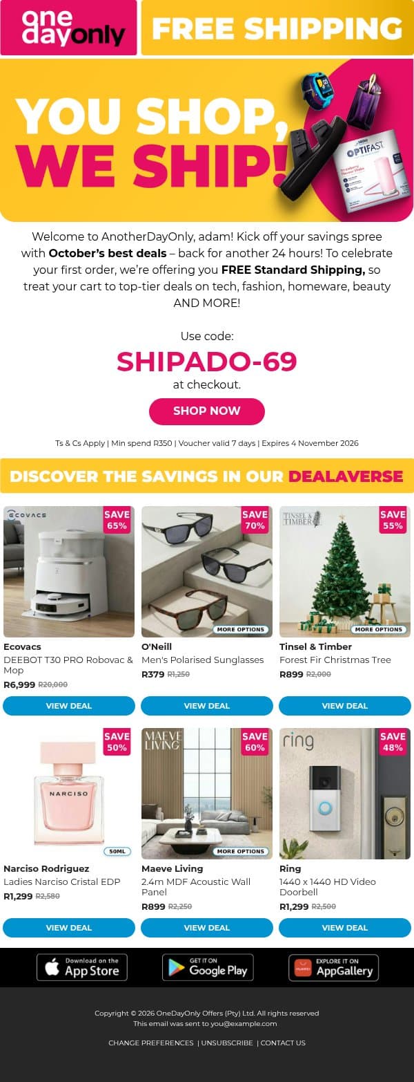 Here’s FREE Standard Shipping 👋 email from Odo screenshot