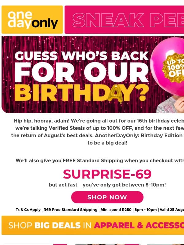 Your b’day sneak peek + FREE Shipping 🤩 email from Odo