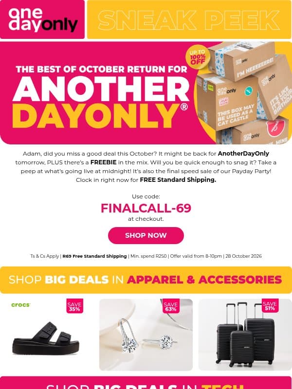 Take an early gander at AnotherDayOnly π email from Odo