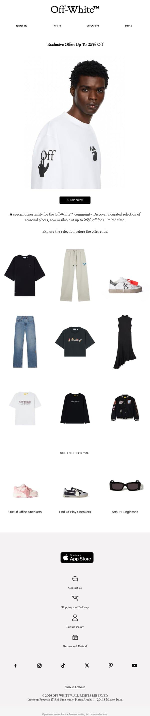 An Exclusive Offer Awaits: Up to 25% Off. email from Off-White screenshot