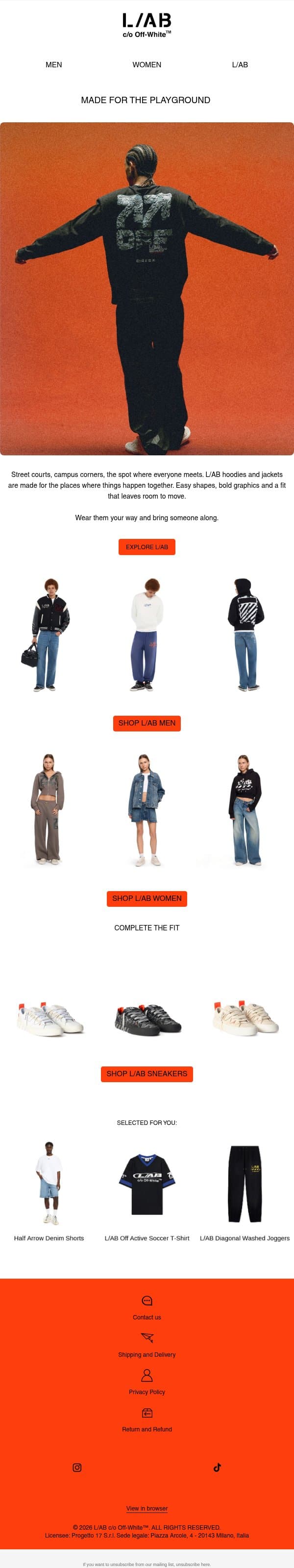 Explore L/AB c/o Off-White™ hoodies and jackets. email from Off-White screenshot