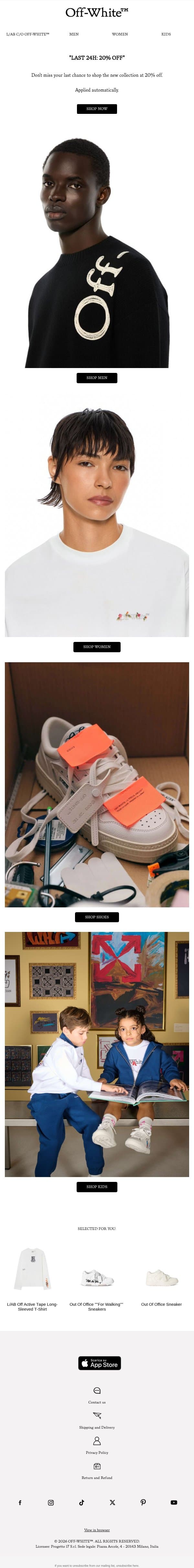 "LAST 24H": 20% off all email from Off-White screenshot