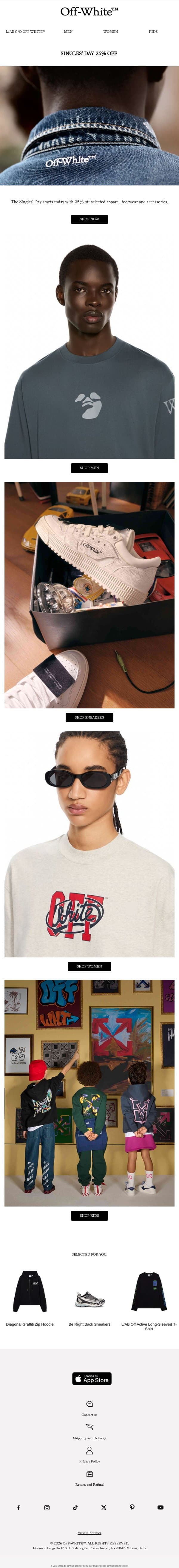 Hello, 25% Off Just For You email from Off-White screenshot