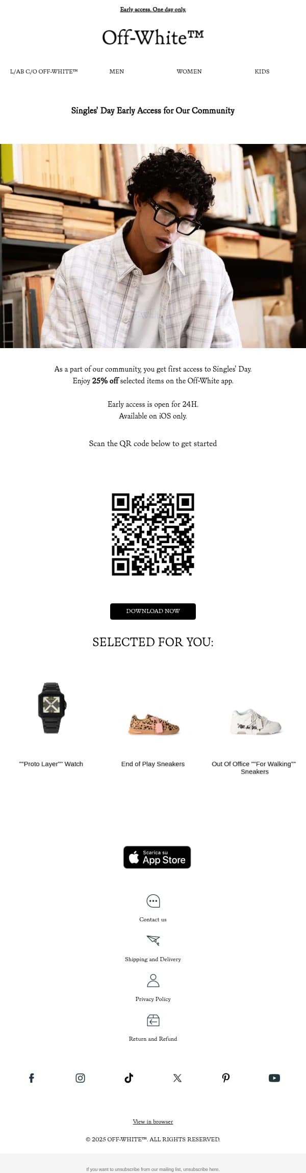 Hello, Singles' Day starts now email from Off-White screenshot