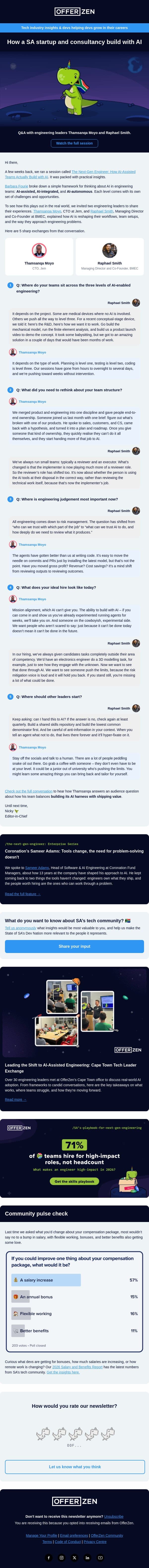 How a SA startup and consultancy build with AI 🇿🇦 email from OfferZen screenshot