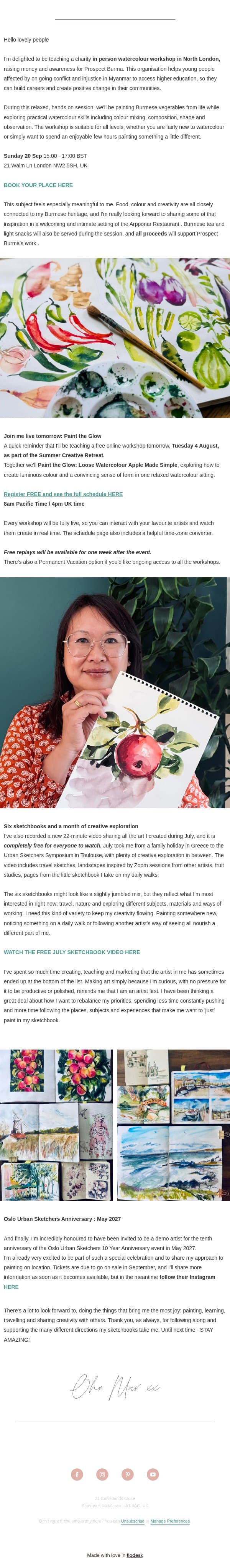 Watercolour workshop, July sketchbooks & exciting news email from Ohn Mar Win screenshot