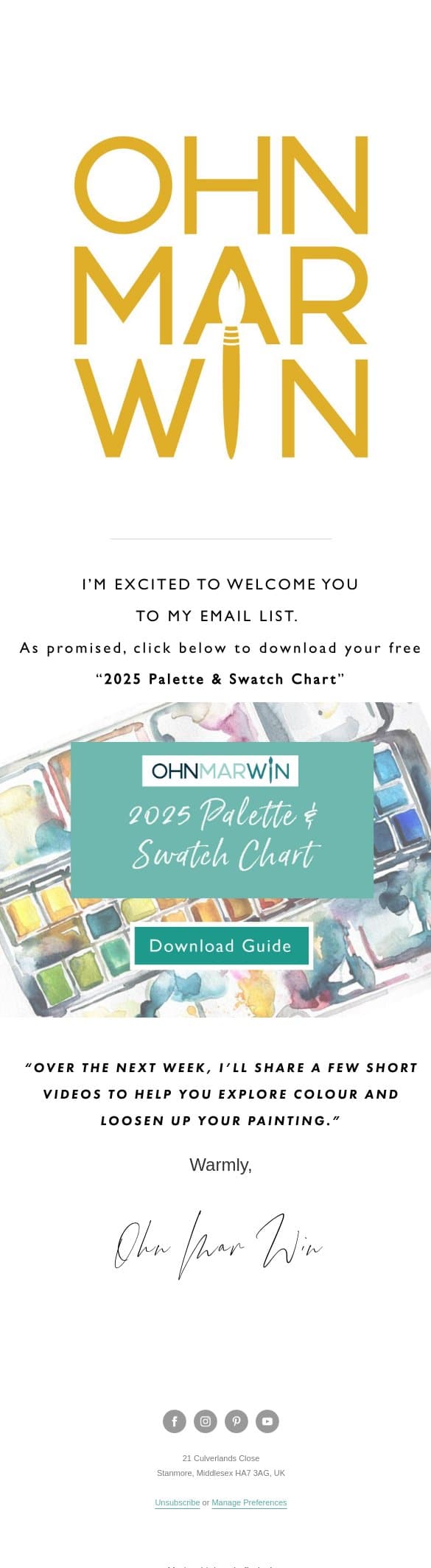 Welcome! Here's your 2025 Palette & Swatch Chart email from Ohn Mar Win screenshot