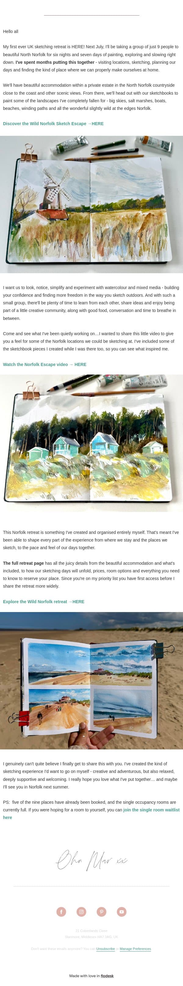 It's finally here… my Wild Norfolk Sketch Retreat is open! email from Ohn Mar Win screenshot