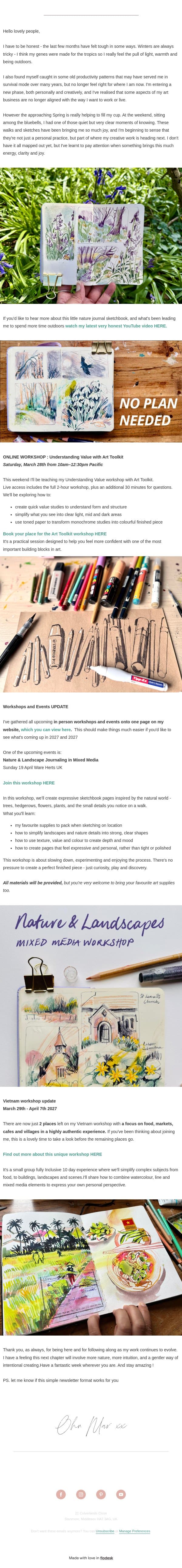 Nature journal sketchbook + workshops and events email from Ohn Mar Win screenshot