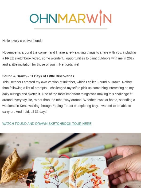 FREE Inktober Sketchbook video & New Watercolour Walks for 2027! email from Ohn Mar Win