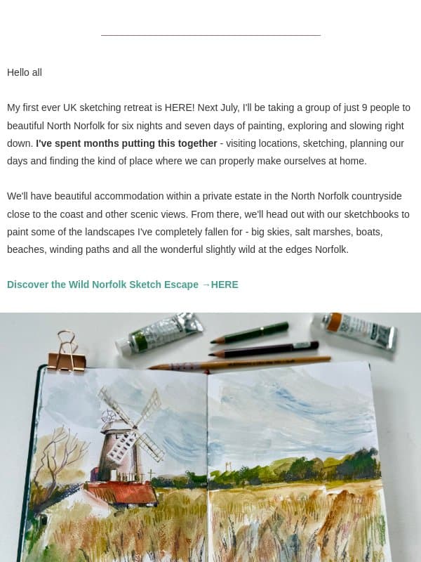 It's finally here… my Wild Norfolk Sketch Retreat is open! email from Ohn Mar Win