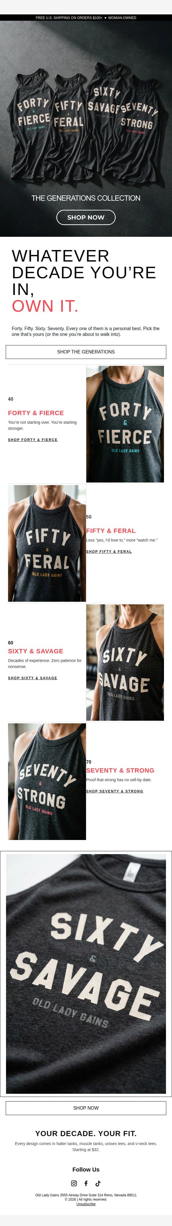 Forty. Fifty. Sixty. Seventy. Pick your decade. email from Old Lady Gains screenshot