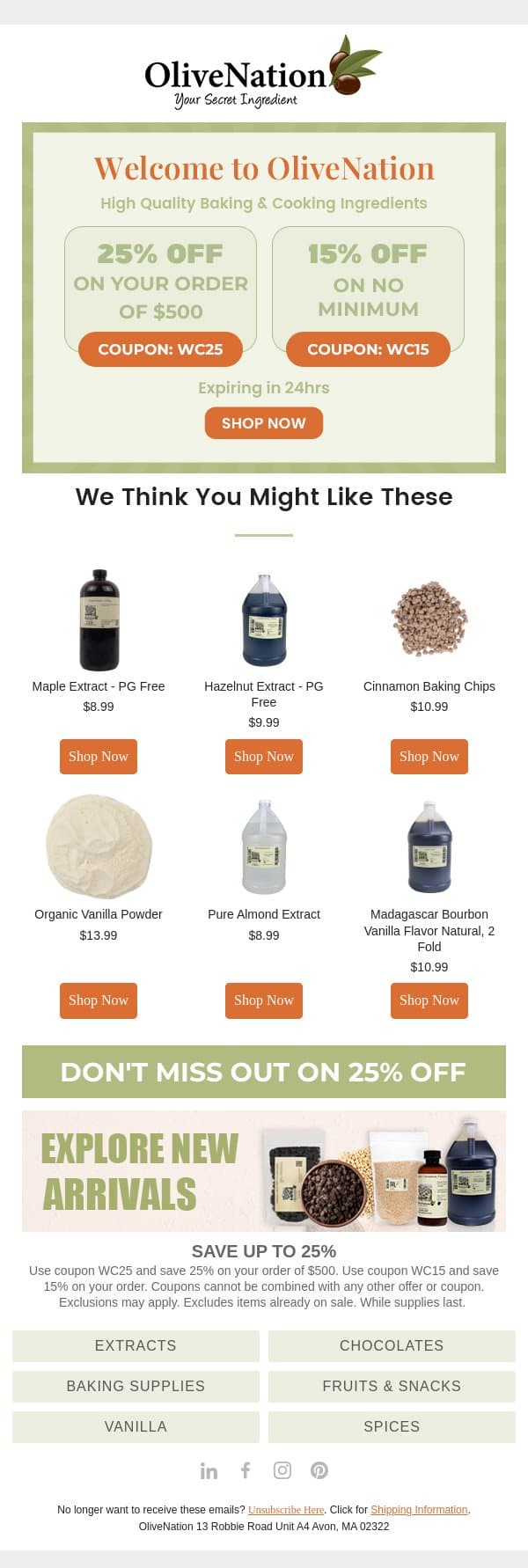 Welcome to OliveNation! 25% Off Inside email from OliveNation screenshot