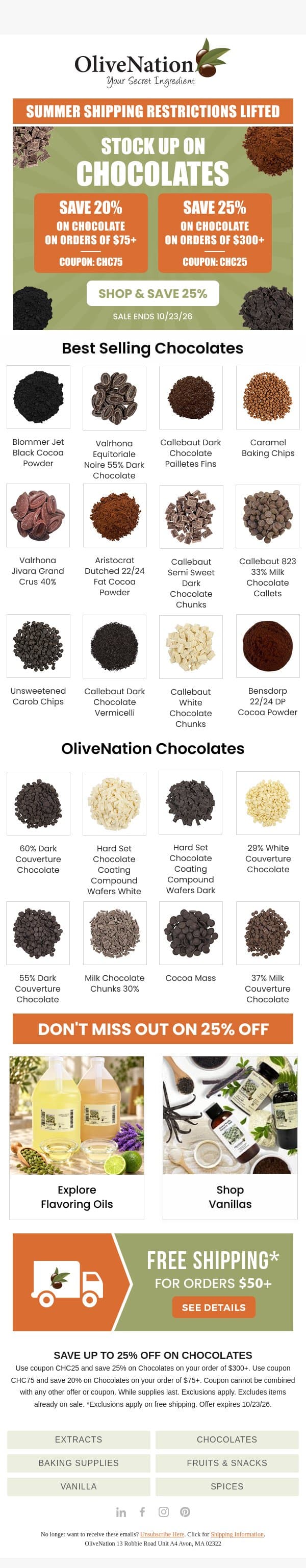 Chocolate Shipping Fees Lifted—Save 25% Now! email from OliveNation screenshot