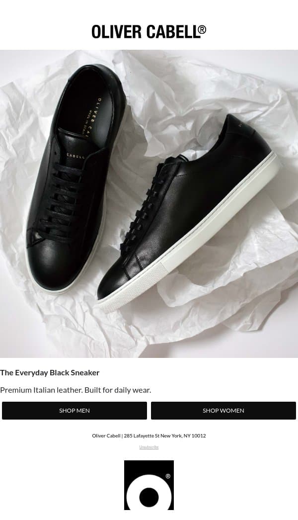 The Everyday Black Sneaker email from Oliver Cabell screenshot