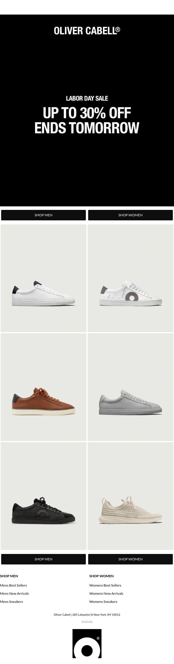 Labor Day Sale Ends Tomorrow email from Oliver Cabell screenshot
