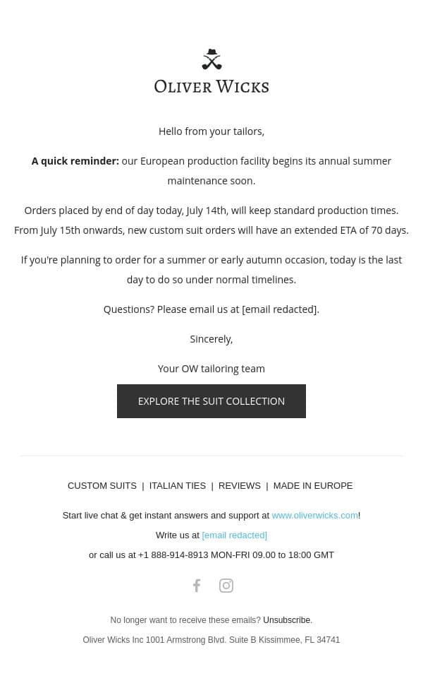 Last Chance: Order Today to Avoid Extended Production Times email from Oliver Wicks screenshot