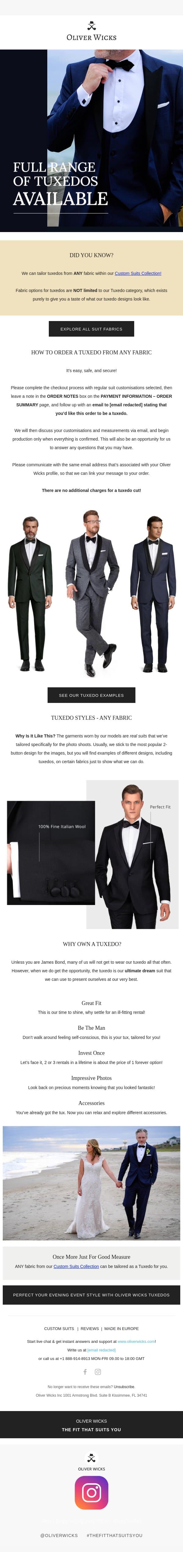 Full Range Of Tuxedos Available - From ANY Of Our Fabrics email from Oliver Wicks screenshot