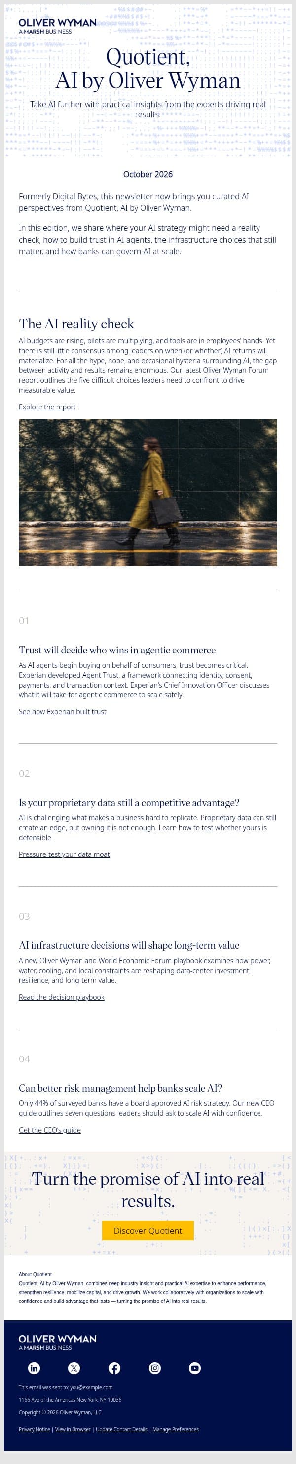 AI investment is rising. Where are the returns? email from Oliver Wyman screenshot