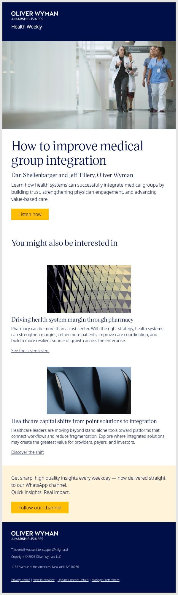 Building stronger physician partnerships email from Oliver Wyman screenshot