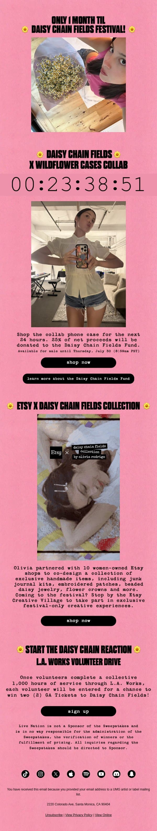 1 month til Daisy Chain Fields!!! 🌼 email from Olivia Rodrigo screenshot