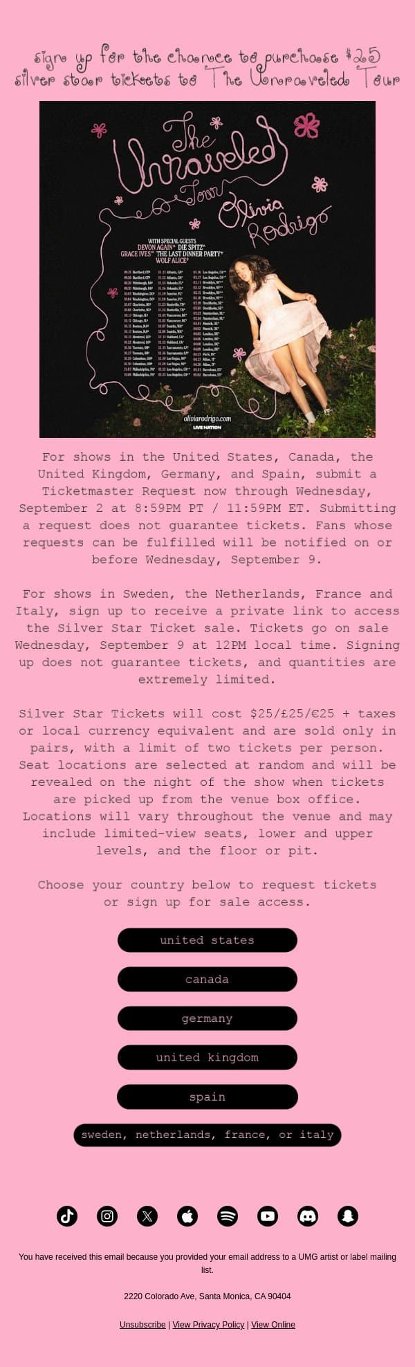 sign up for silver star tickets!! email from Olivia Rodrigo screenshot