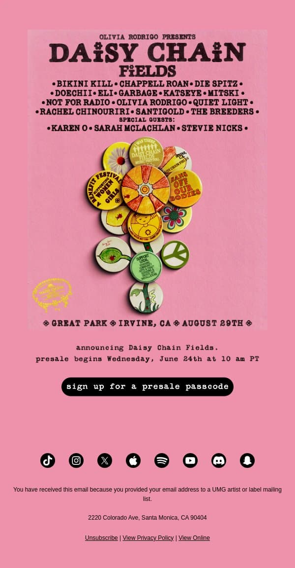 announcing Daisy Chain Fields festival!!! email from Olivia Rodrigo screenshot