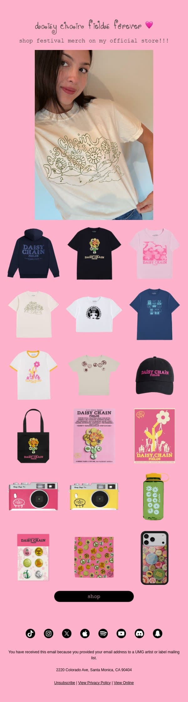 shop merch from the first ever daisy chain fields festival 🌼 email from Olivia Rodrigo screenshot