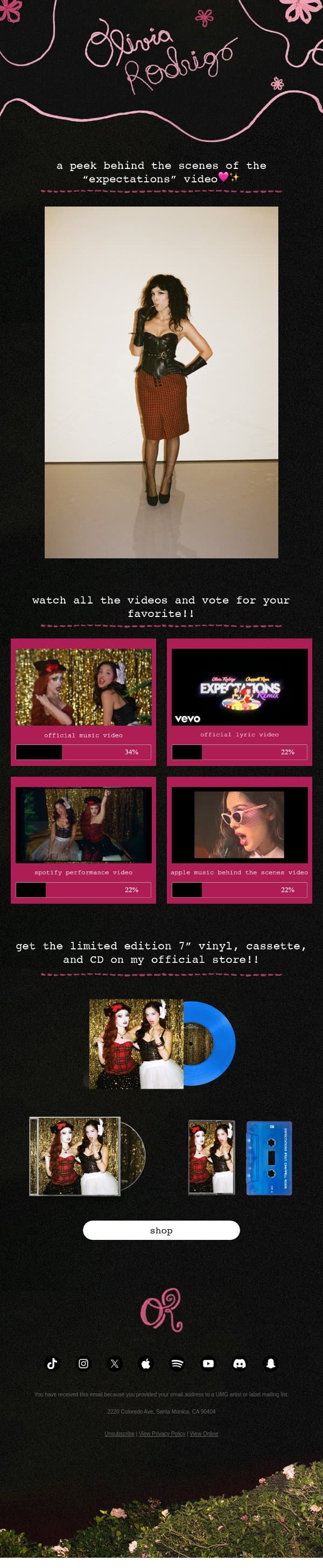 which “expectations" video is your favorite? email from Olivia Rodrigo screenshot