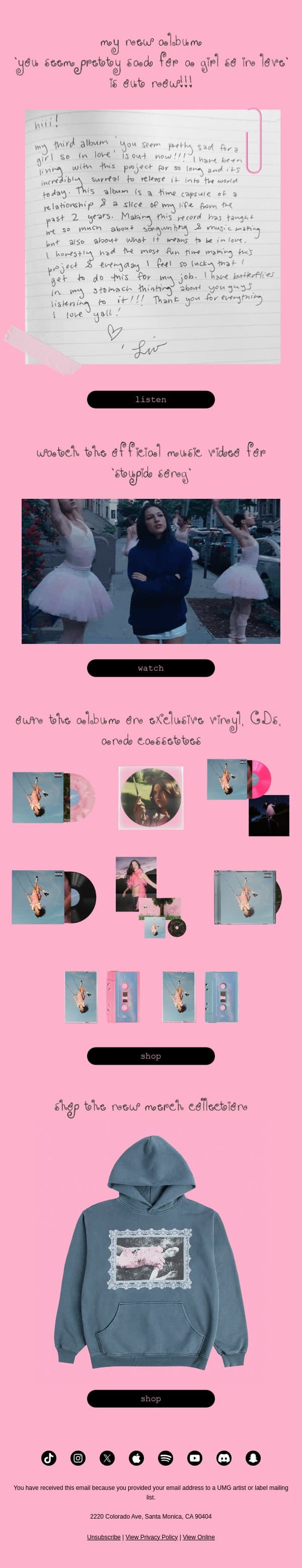 my new album ‘you seem pretty sad for a girl so in love’ is out now!!! email from Olivia Rodrigo screenshot