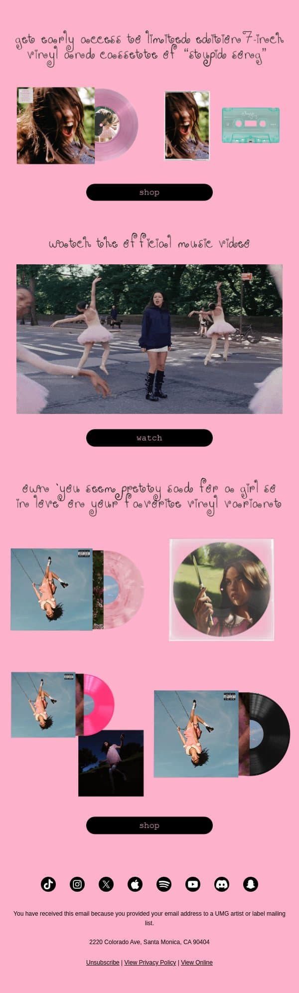 early access: limited edition stupid song 7” vinyl and store exclusive cassette email from Olivia Rodrigo screenshot