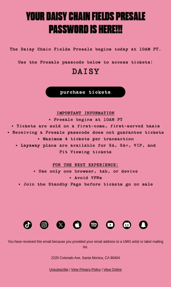your Daisy Chain Fields presale passcode email from Olivia Rodrigo screenshot
